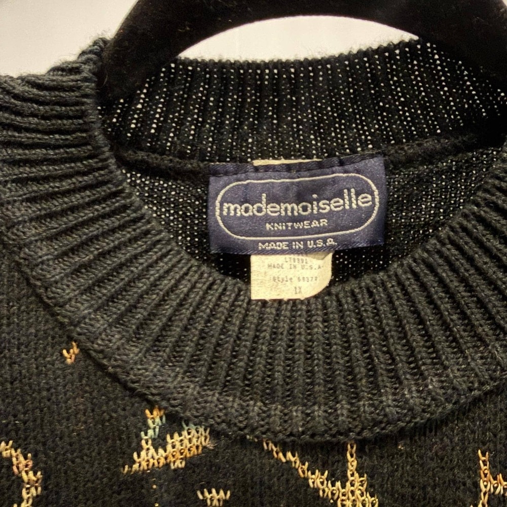 Vtg Mademoiselle‎ rose knit sweater vest black 1X Plus Size Disco Shimmer Gold